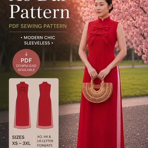 Peut inclure: Un patron de couture pour Ao Dai rouge sans manches avec col montant et nœuds. Le PDF inclut les tailles XS-3XL aux formats A0, A4 et US letter. Le modèle présente une tunique longue fendue sur les côtés portée sur un pantalon rose clair.