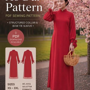 Vietnamese Áo Dài & Flowing Pants Sewing DIGITAL PATTERN | Loose Fitting Dress, Bow Tie Cuffs (PDF Download)