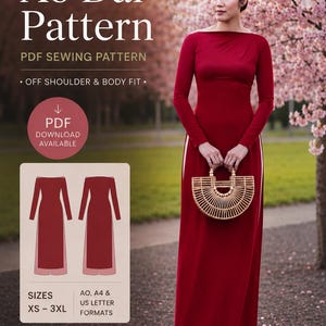 May include: A PDF sewing pattern for an off-shoulder, body-fit Ao Dai. The pattern includes sizes XS-3XL in A0, A4, and US letter formats. The design features a long-sleeved, floor-length red tunic with side slits worn over light pink trousers.