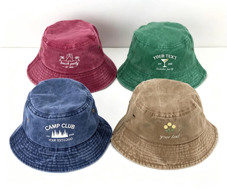 May include: Four bucket hats in maroon, green, blue, and tan. The maroon hat features "beech party EST 2016" text. The green hat displays "YOUR TEXT EST 2026 bachelorette party". The blue hat shows "CAMP CLUB EST 2006 YOUR TEXT/LOGO". The tan hat has flowers.