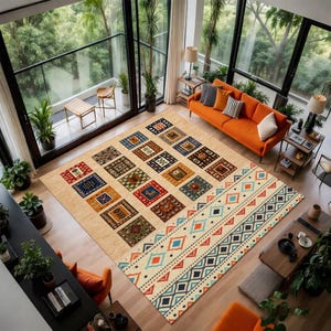 May include: A large beige area rug with a geometric pattern in various colors, including red, blue, and orange. The rug features a central design of squares and a border with diamond and triangle motifs. The rug is placed in a living room with an orange sofa.