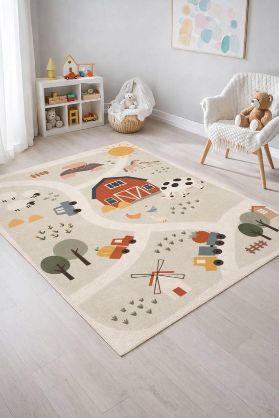 Farm Animals Kids Rug, Nursery Carpet, Toddler Rug,  Montessori, Alfombra Infantil, Kinderzimmer Teppich, Baby Rug, Kids Rug, Nursery Rug