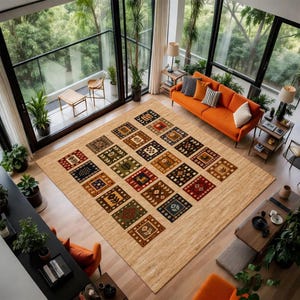May include: A large, rectangular area rug with a beige background and a grid of colorful, patterned squares. The squares feature various geometric and animal designs in shades of red, blue, green, and brown. The rug is placed in a modern living room with an orange sofa.