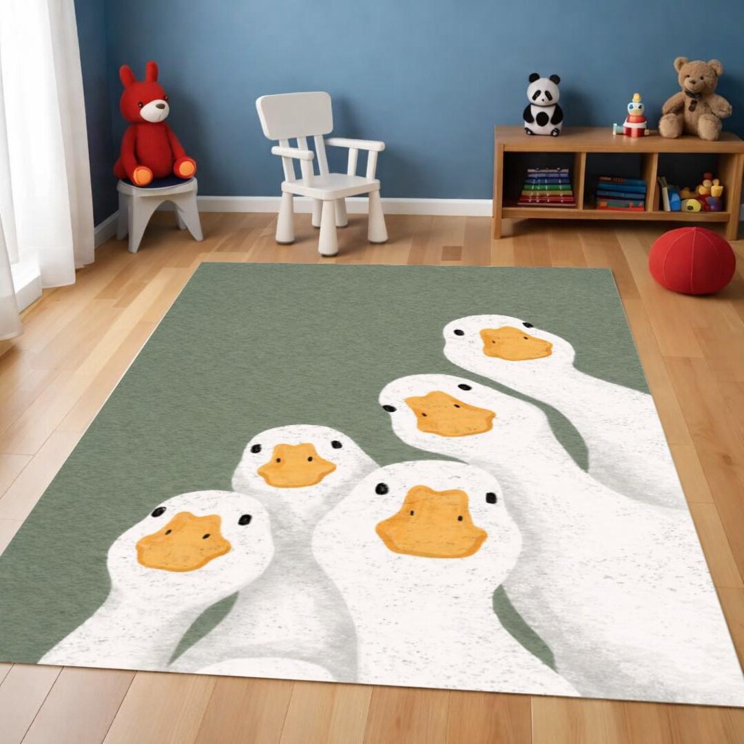 Funny Duck Family Kids Rug, Farm Animal Nursery Carpet, Green Rug ...