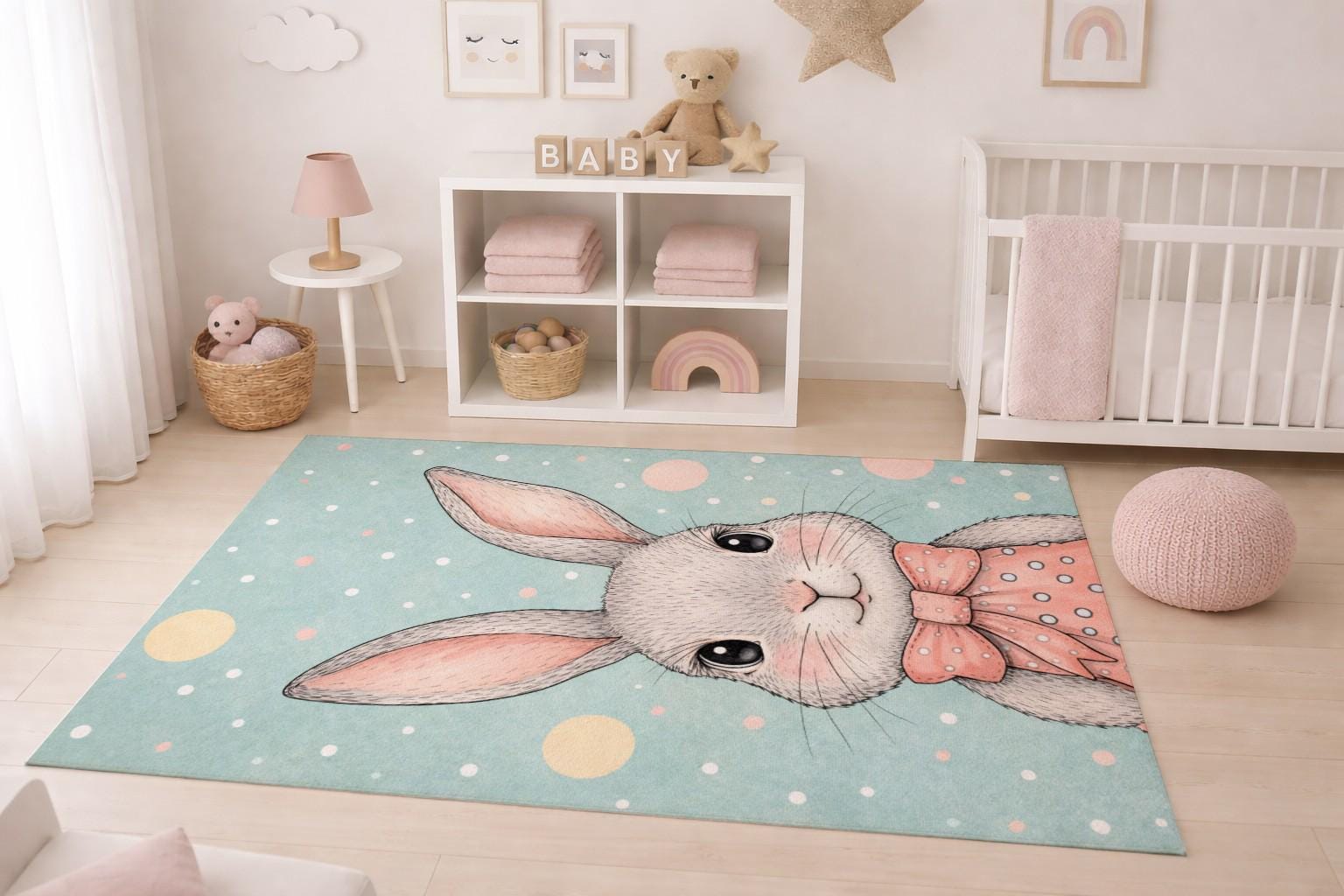 Cute Bunny Kids Rug, Pink Bow Rabbit Carpet, Baby Shower Gift Rug ...