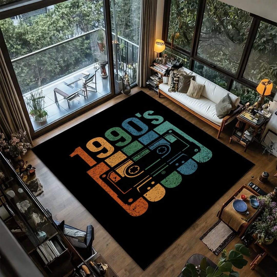 90s Checkared Rug Vintage 1990s Rug, Retro Cassette Carpet, 90s Music Room Decor, Black ...