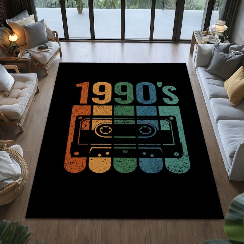 90s Checkared Rug Vintage 1990s Rug, Retro Cassette Carpet, 90s Music Room Decor, Black ...