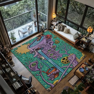 May include: A large, rectangular area rug with a psychedelic design. The rug features a purple, cartoonish creature with multiple eyes, a waterfall, and a turquoise background with a floral pattern. The rug is placed on a wooden floor in a room with large windows.