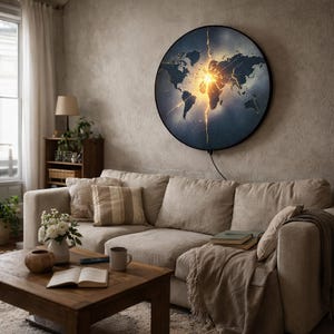 May include: A circular wall art piece depicting a world map with a central golden light burst. The artwork, framed in black, is mounted on a wall above a beige sectional sofa, creating a modern living room aesthetic.