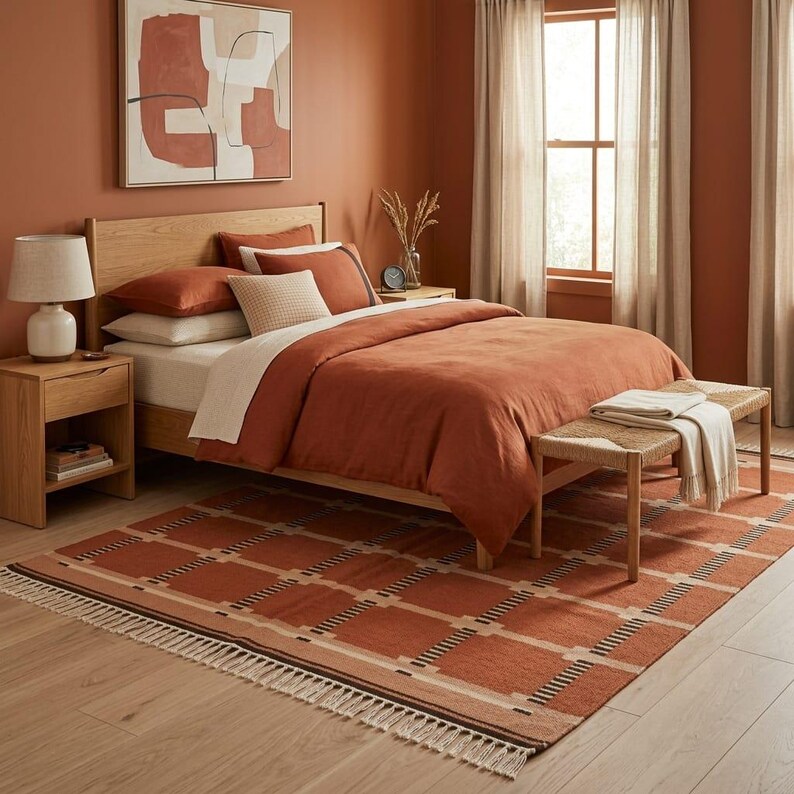 May include: A bedroom featuring a wooden bed frame with rust-colored bedding, a textured throw blanket, and a matching rust and cream geometric area rug with fringe. A wooden nightstand holds a lamp, and a framed abstract art piece hangs above.