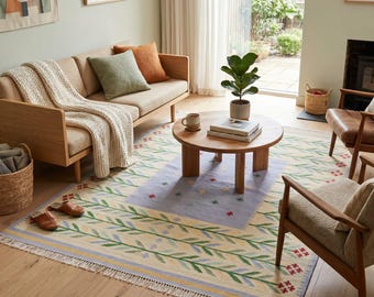 Handwoven Floral Kilim Rug, Scandinavian Folk Art Carpet, Pastel Botanical Area Rug, Flatweave Wool.