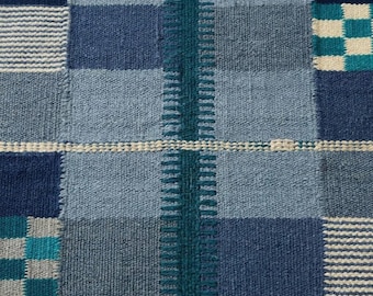 Flatweave Rug Blue Teal Geometric Scandinavian Modern Handmade Carpet Nordic Minimalist Home Interior Decor