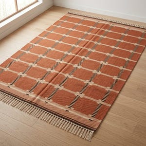 May include: A rectangular area rug featuring a terracotta orange base with a repeating grid pattern of cream-colored lines and dark brown dashed accents. The rug is finished with short, light-colored fringe along the two shorter ends.