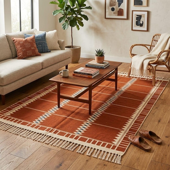 Handwoven Terracotta Flatweave Wool Rug Scandinavian Geometric Carpet Nordic Boho Modern Area Rug