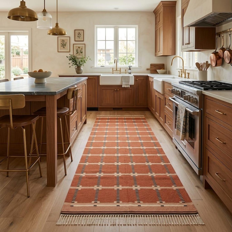 May include: A long rectangular runner rug featuring a terracotta orange base with a repeating grid pattern of cream-colored lines and small black accents, finished with a short cream-colored fringe along both of the shorter ends.