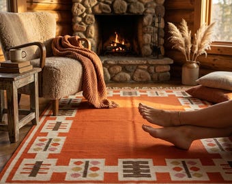 Handwoven Kilim Rug Orange Geometric Area Rug, Boho Tribal Flatweave Carpet, Southwestern Wool, Bedroom