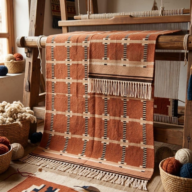 Flatweave Kilim Rug, Geometric Wool Area Rug, Boho Terracotta Carpet, Handwoven Rustic Rugs, image 5