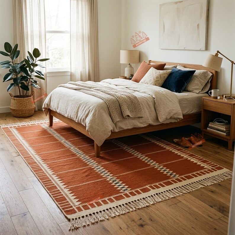 May include: A rectangular area rug featuring a burnt orange base with white geometric patterns, including a central diamond-shaped stripe and fringed edges, placed on a wooden floor in a bedroom with a bed, nightstand, and a potted plant.