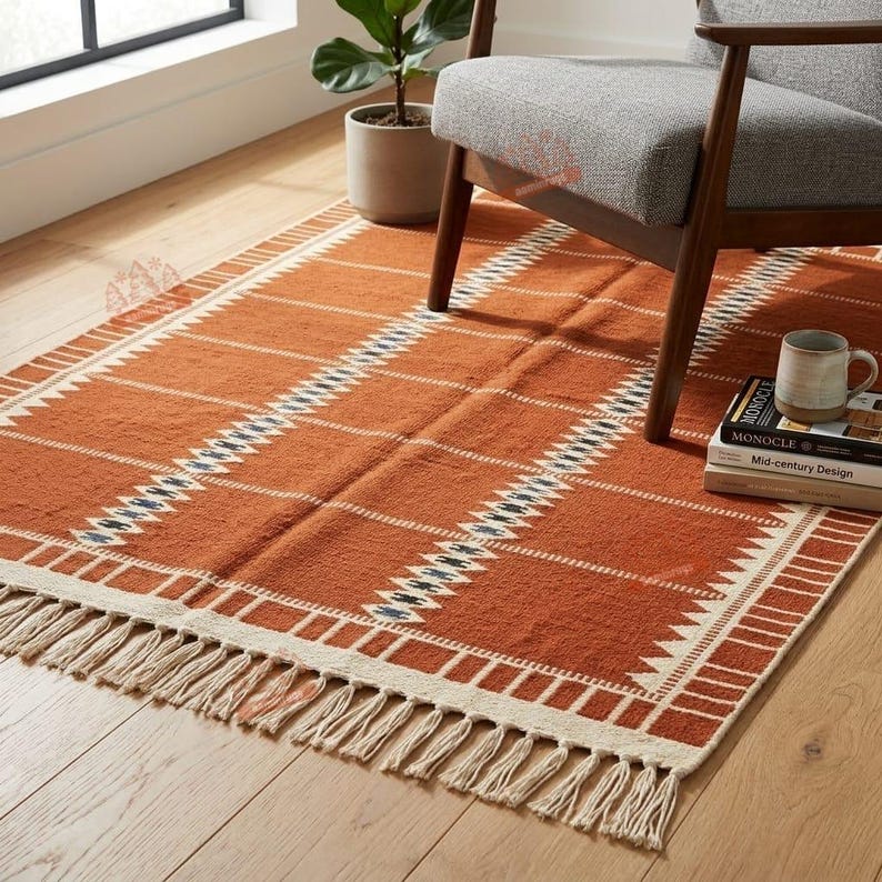May include: A rectangular area rug featuring a burnt orange base with white and dark blue geometric diamond patterns, horizontal stripes, and cream-coloured fringe along the edges. The rug is placed under a grey upholstered chair and a potted plant.