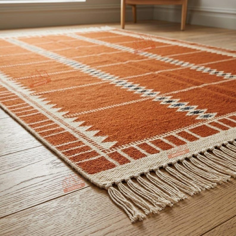 May include: A rectangular area rug featuring a burnt orange base with white geometric patterns and stripes. The rug has a woven texture and is finished with long, cream-coloured fringe tassels along the short edge, creating a distinct border.