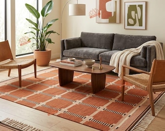 Flatweave Kilim Rug, Geometric Wool Area Rug, Boho Terracotta Carpet, Handwoven Rustic Rugs,