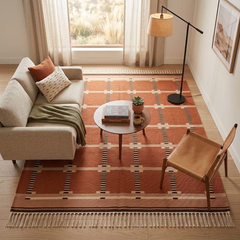 Flatweave Kilim Rug, Geometric Wool Area Rug, Boho Terracotta Carpet, Handwoven Rustic Rugs, image 18