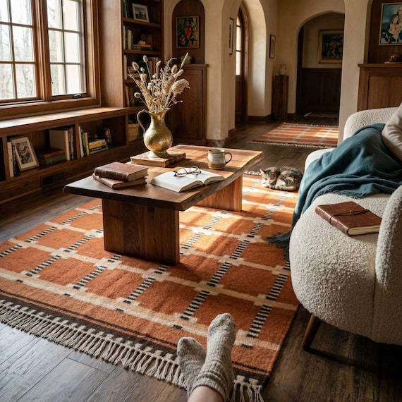 Flatweave Kilim Rug, Geometric Wool Area Rug, Boho Terracotta Carpet, Handwoven Rustic Rugs,