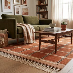 May include: A rectangular area rug featuring a geometric grid pattern in shades of terracotta, cream, and dark brown, finished with long fringe on the ends. The rug is placed under a dark green velvet sofa and a wooden coffee table.