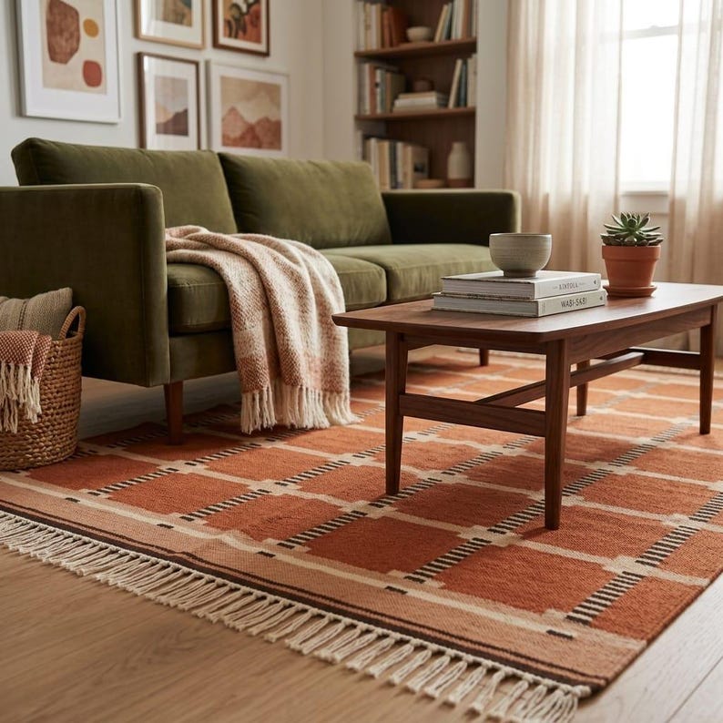 May include: A rectangular area rug featuring a geometric grid pattern in shades of terracotta, cream, and dark brown, finished with long fringe on the ends. The rug is placed under a dark green velvet sofa and a wooden coffee table.