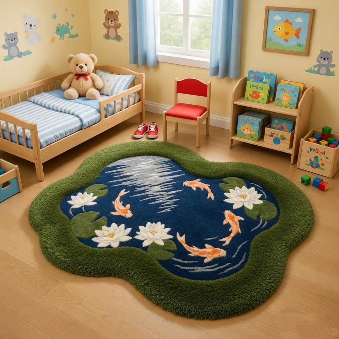 Koi Pond Area Rug – Hand Tufted Lotus & Fish Carpet – Unique Organic ...