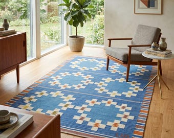 Blue Kilim Rug - Scandinavian Flatweave Rug - Mid Century Modern Wool Area Rugs - Geometric Handwoven
