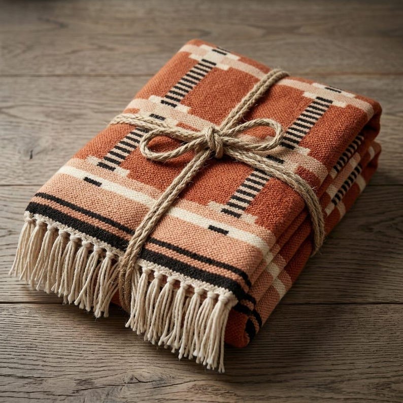 May include: A folded woven throw blanket featuring a geometric pattern in shades of burnt orange, cream, and black. The blanket is tied with a natural jute twine bow and finished with cream-colored fringe along the bottom edge.