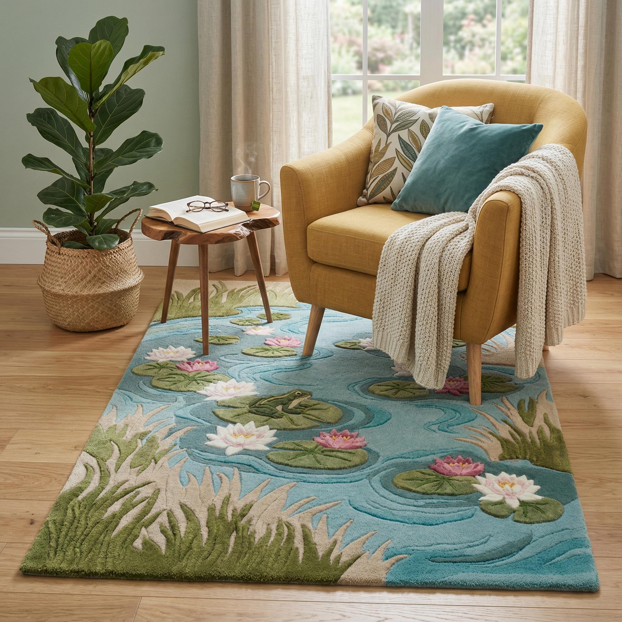 Lotus Pound Frog Tufted Rug, Water Lily Natural Area Rug, Whimsical ...