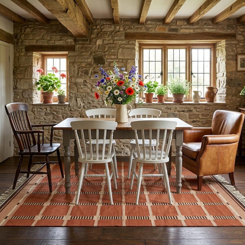 May include: A rectangular wooden dining table with a light-colored top and gray legs, surrounded by two white spindle chairs, one dark brown wooden spindle chair, and one tan leather armchair, all placed on a large orange and cream plaid rug.