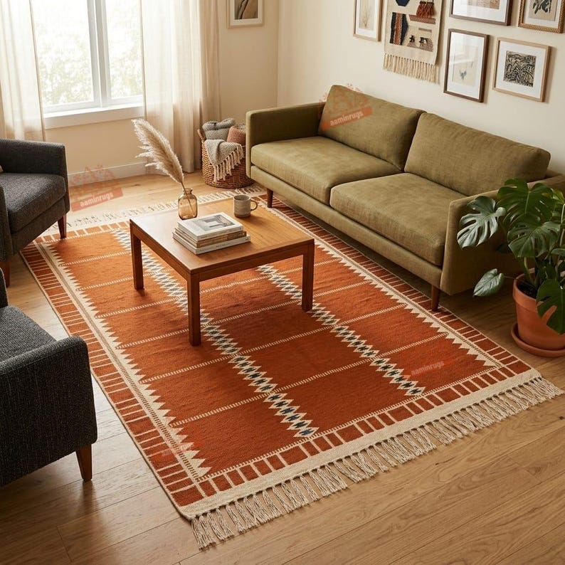 May include: A rectangular area rug featuring a burnt orange base colour with white and dark geometric patterns, including horizontal stripes and triangular border motifs. The rug is finished with long, light-coloured fringe along the short edges.