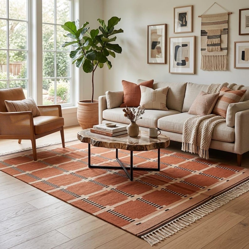 Flatweave Kilim Rug, Geometric Wool Area Rug, Boho Terracotta Carpet, Handwoven Rustic Rugs, image 13