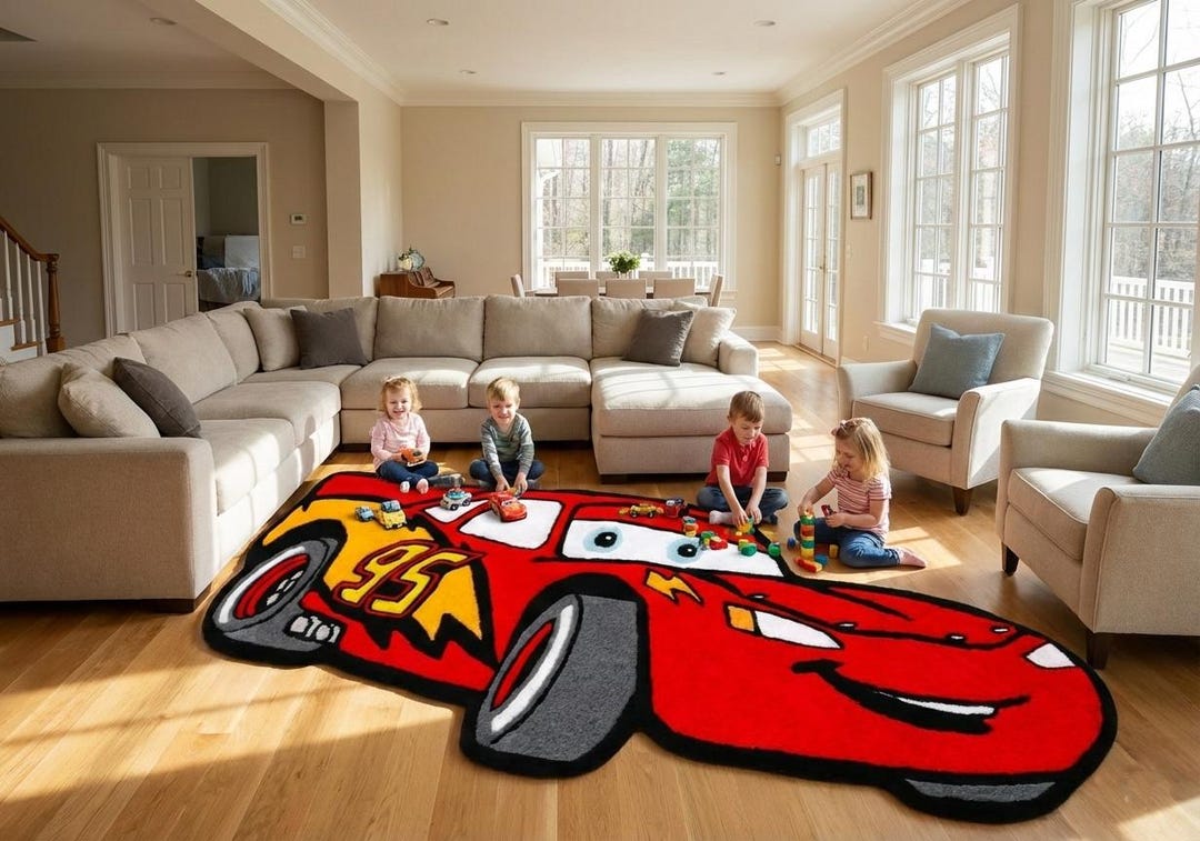 Lightning Race Car Rug, Cartoon Car Hand Tufted Carpet, Kids Bedroom ...