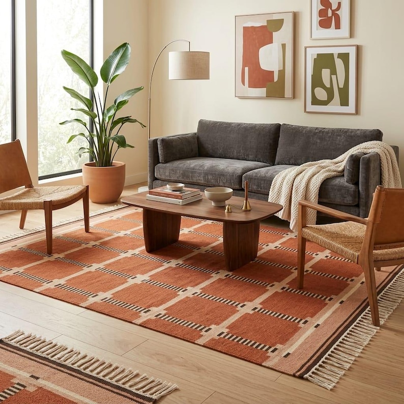 May include: A rectangular area rug featuring a terracotta orange and cream grid pattern with dark brown accents and fringe on the ends. The rug is positioned on a light wood floor beneath a dark gray sofa, a wooden coffee table, and two chairs.