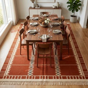 May include: A rectangular area rug featuring a terracotta orange base with cream-coloured geometric borders, diamond patterns, and fringe edges. The rug is positioned under a wooden dining table set with plates, glasses, and a central floral centrepiece.