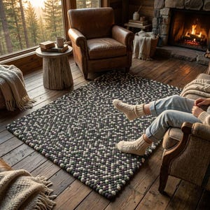 Chunky Wool Felt Ball Rug, Handmade Woolen Loop Area Rug, Cozy Boho Floor Carpet