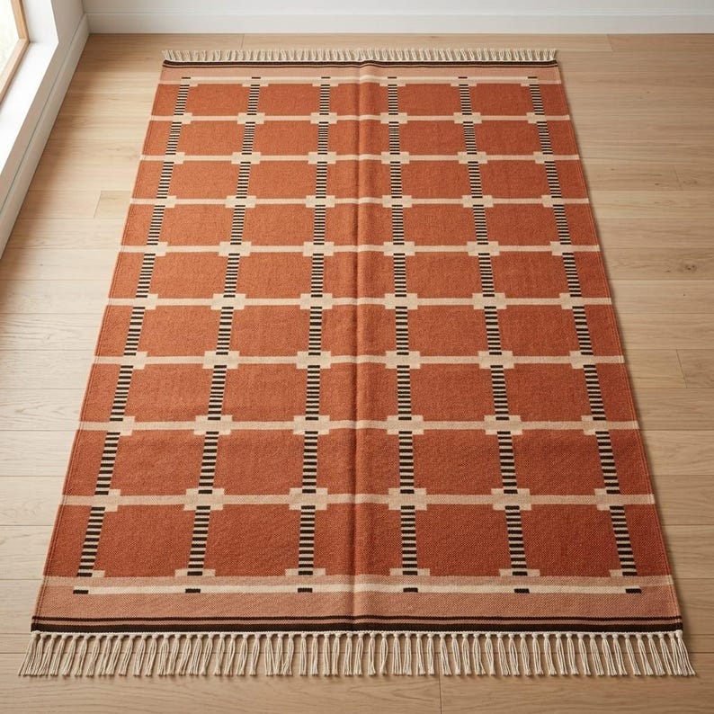 May include: A rectangular area rug featuring a burnt orange base color with a grid pattern of cream-colored horizontal lines and black-and-white striped vertical lines. The rug is finished with cream-colored fringe along the top and bottom edges.