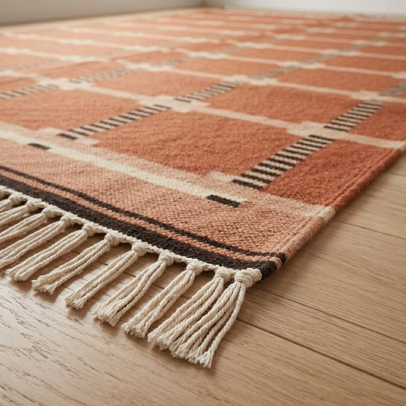 May include: A rectangular area rug featuring a repeating grid pattern in shades of terracotta, cream, and dark brown. The woven textile has a textured surface and is finished with a row of cream-colored fringe tassels along the short edge.