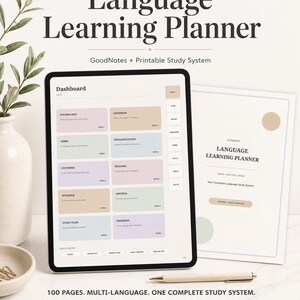 Puede incluir: Un planificador de aprendizaje de idiomas digital mostrado en la pantalla de una tableta y un documento impreso. La interfaz presenta un panel con secciones de colores pastel para vocabulario, gramática, verbos, pronunciación, escucha, lectura, habla, escritura, plan de estudio y progreso.