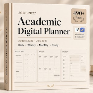 Op de afbeelding: Een beige digitale academische planner voor 2026-2027 met 490+ pagina's, compatibel met GoodNotes en Notability. De omslag toont de titel, datumbereik en lay-outopties, waaronder dagelijkse, wekelijkse, maandelijkse en studieoverzichten.