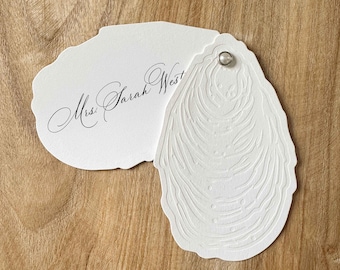 Handmade Letterpress Oyster Swivel Place Cards, Pearl Eyelet Oyster Escort Card, Fine Art Paper Table Detail (10-100 Count)