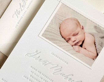 Baby Boy Custom Letterpress Birth Announcement Suite, Hand-Stitched Photo Baby Announcement, 100% Cotton Paper, Return Address Envelopes Set