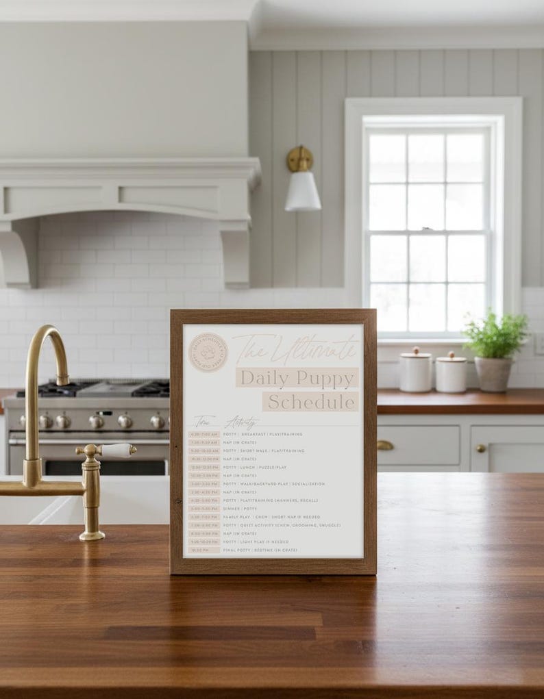 Op de afbeelding: Een houten lijst met de tekst "The Ultimate Daily Puppy Schedule" in een keuken. De planning beschrijft de dagelijkse routine van een puppy, inclusief maaltijden, spel en rusttijden. De lijst is bruin en de achtergrond is neutraal beige.