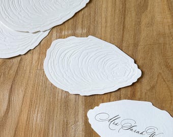 Handmade Letterpress Oyster Shell Place Cards, Die-Cut Cotton Escort Cards, Coastal Table Decor, Fine Art Paper Enclosure (10-100 Count)