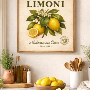 May include: A framed vintage-style print featuring lemons, leaves, and flowers. The print reads "LIMONI" and "Mediterranean Citrus Since 1898." A wooden bowl filled with lemons and a half-cut lemon are on a marble countertop.