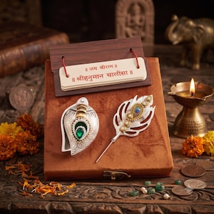 May include: A brown velvet display box featuring a small book with the text "जय श्रीराम" and "श्रीहनुमान चालीसा" in Hindi. The box holds a silver-toned conch shell ornament with a green stone and a silver-toned peacock feather pin with gold accents.